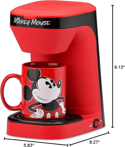 Disney Mickey Mouse 1-Cup Coffee Maker with 12 oz Mug by Select Brands - Kitchen Appliance for Drip Coffee - Home Appliance with Mickey Mouse Mug & Removable Drip Tray - Removable Filter Basket
