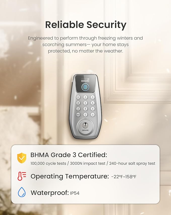 DESLOC C110 Smart Lock with LockVue Display, 3-in-1 Keyless Entry Door Lock with Fingerprint, Passcode & Key, BHMA Certified Deadbolt, Auto Lock, 12-Month Battery for Home, Apartment & Airbnb, Silver
