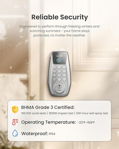 DESLOC C110 Smart Lock with LockVue Display, 3-in-1 Keyless Entry Door Lock with Fingerprint, Passcode & Key, BHMA Certified Deadbolt, Auto Lock, 12-Month Battery for Home, Apartment & Airbnb, Silver