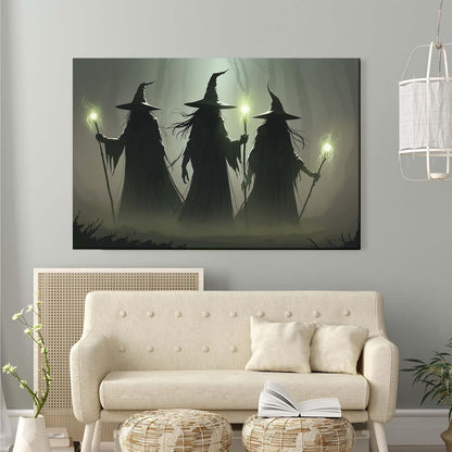 Vintage 3 witches canvas wall decor melancholy dark Halloween poster wall decor holding a staff print Gothic horror Halloween painting print for living room bedroom16x24in Wood Framed