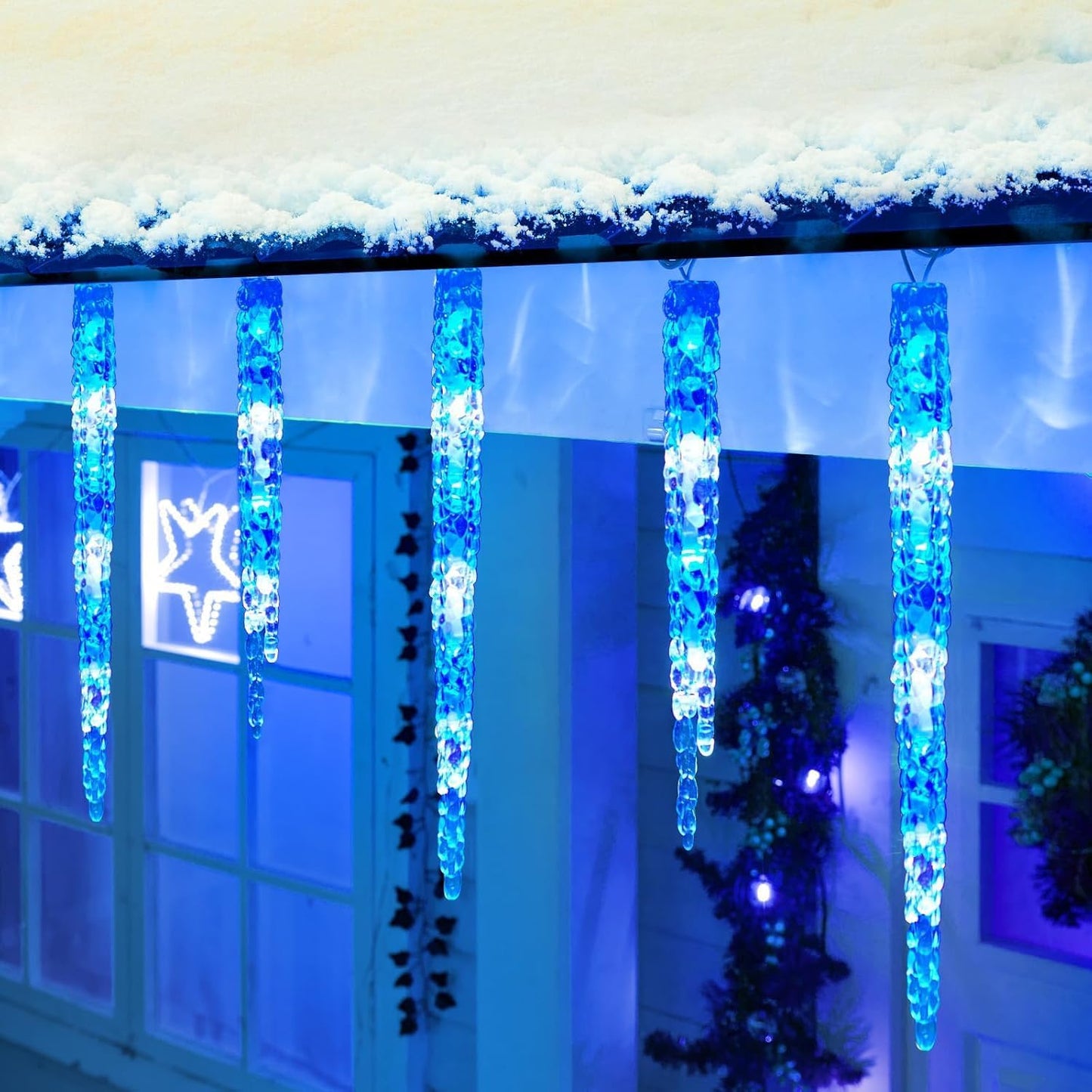 Icicle Lights Outdoor, 2 Pack Total 40ft 40 Tubes 200 LED Ice Shape String Lights, Connectable Hanging Christmas Decoration Lights for Tree Patio Roof Holiday Decor, Blue and White