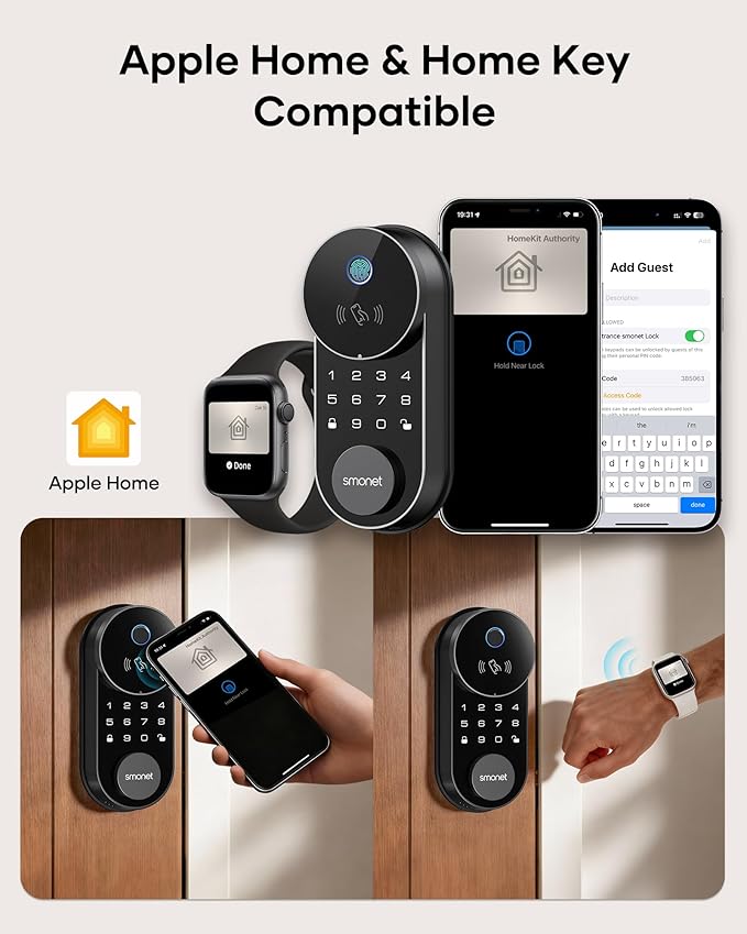 Smart Lock AH1, SMONET Fingerprint Keyless Entry Door Lock with Apple Home Key, WiFi Front Door Deadbolt Touchscreen Keypad with App Remote Control Supports Apple HomeKit, Alexa, Google Assistant
