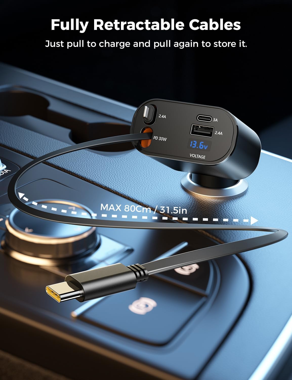 【Upgraded】 SUPERONE Retractable Car Charger 4 in 1, Fast Car Phone Charger with Cord 2.6ft, USB C and Apple Car Adapter, Compatible with iPhone 16 15/15 Pro Max/14/13/12/11, Galaxy, Pixel