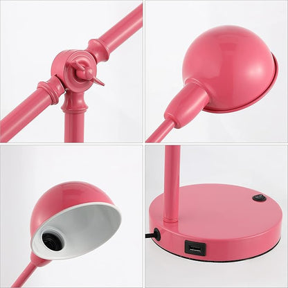 JONATHAN Y 20.25" Pink Vintage Industrial Iron Adjustable Task Lamp with USB Charging Port for Office Desk, Metal Yellow Dome Shade, LED Bulb Included (JYL7123D)