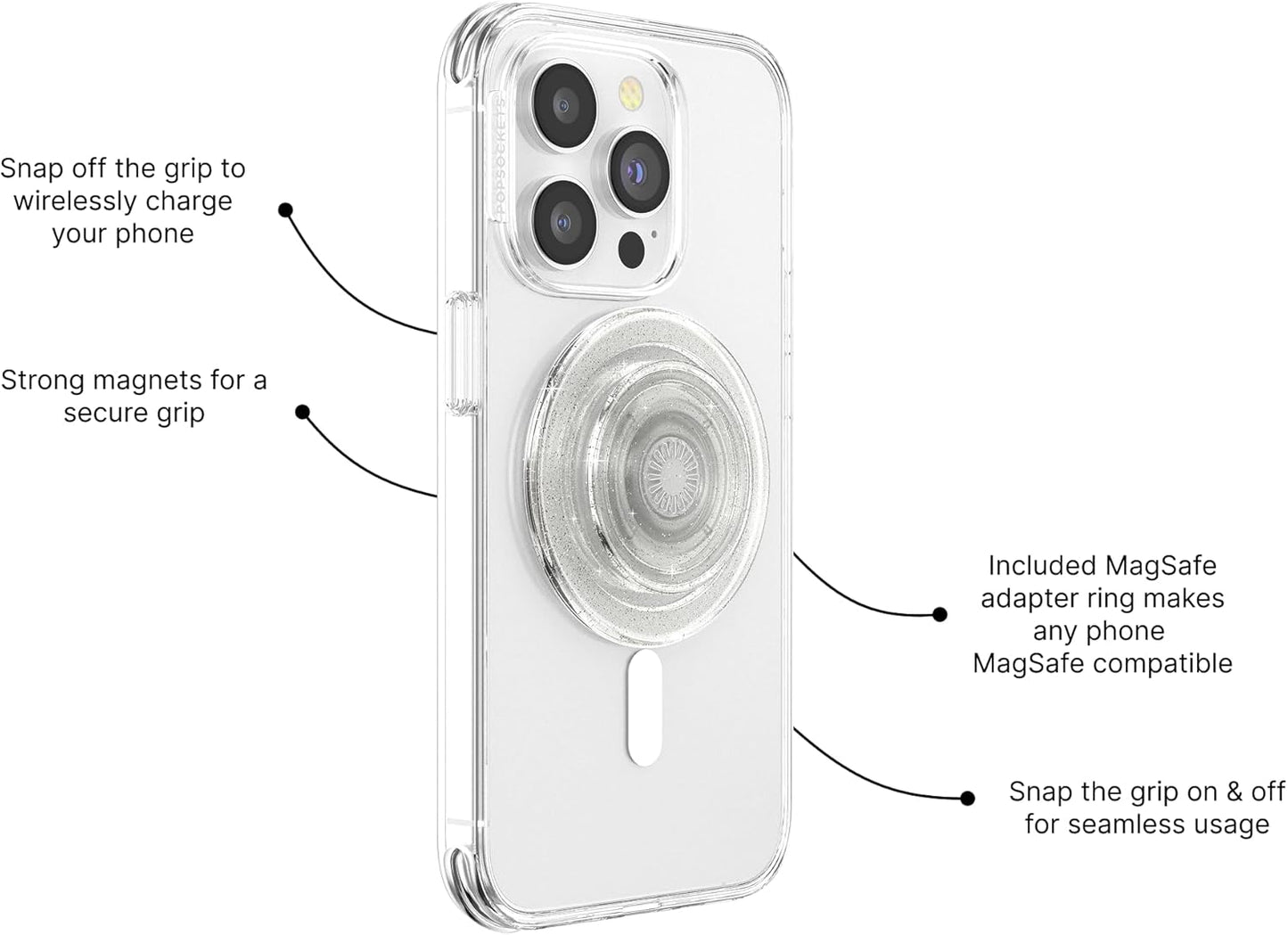 PopSockets Phone Grip for MagSafe with Kickstand, Magnetic Stand, Swappable Top, Secure Hold for iPhone MagSafe Cases, Phone & Tablet Grip, Cute PopSockets - Clear Glitter