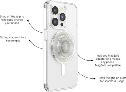 PopSockets Phone Grip for MagSafe with Kickstand, Magnetic Stand, Swappable Top, Secure Hold for iPhone MagSafe Cases, Phone & Tablet Grip, Cute PopSockets - Clear Glitter