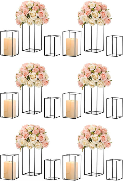Hewory Glass Hurricane Candle Holder Set of 18, Black Large Hurricane Centerpiece for Table, Tall Floor Square Pillar Candle Holders Lantern Set for Wedding, Anniversary, Party, Fireplace, Dining Room