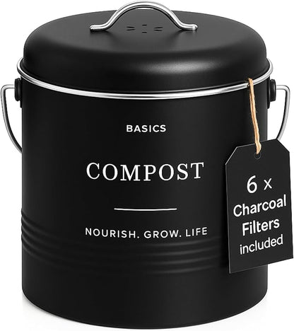 D'Lifeful Kitchen Compost Bin – 1.3 Gallon Countertop Farmhouse Compost Container with Lid – Odorless Indoor Food Scrap Pail with 6 Charcoal Filters – Eco-Conscious and Easy to Clean (Black)