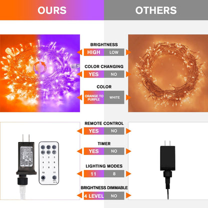 JMEXSUSS 100 LED Orange & Purple Halloween Lights - Plug in, Connectable Color Changing String Lights, 33ft Indoor/Outdoor for Halloween Party Decor & Christmas