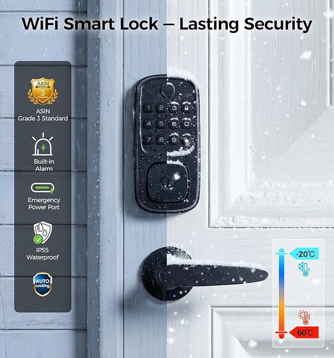 Wi-Fi Smart Locks for Front Door with 2 Lever Handle Set,App Control,Keyless Entry Deadbolt for Front Door with Auto Lock,Electronic Digital Keypad,Remote Control,Voice Unlock,Waterproof,Black