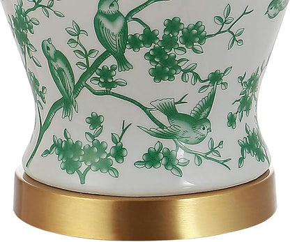 JONATHAN Y 22" White/Green Ceramic Table Lamp, French Country Chinoiserie Ginger Jar LED Bedside Lamp for Living Room Bedroom, White Linen Shade (JYL3005B)