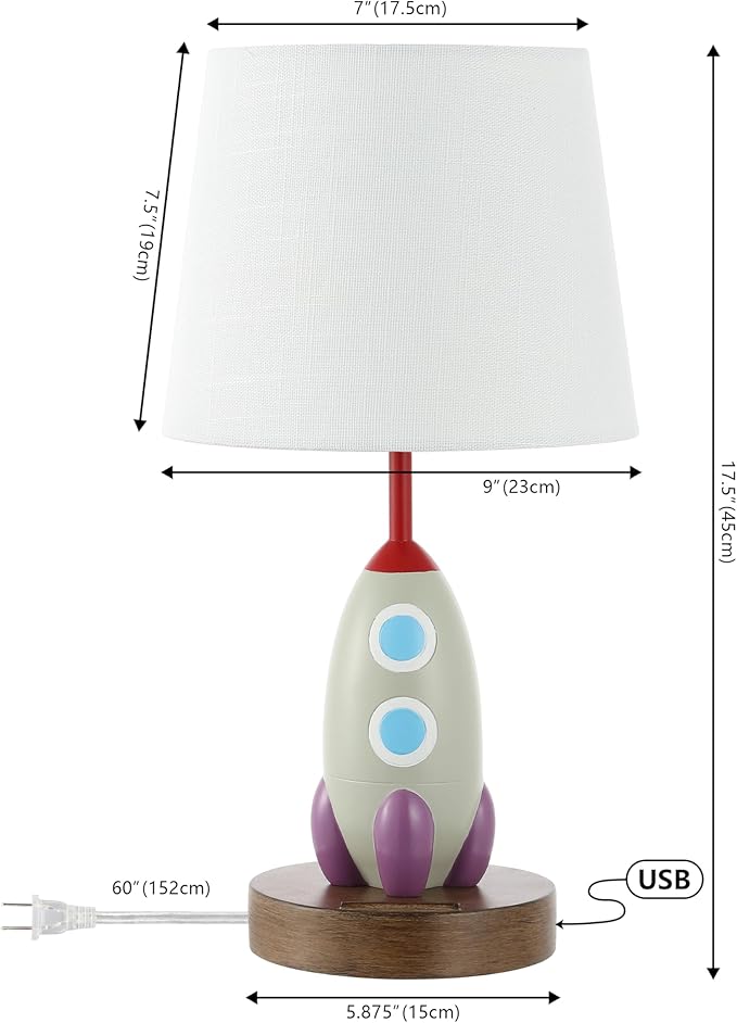 JONATHAN Y 17.5" Multi-Color Rocket LED Kids' Table Lamp with USB Charging Port and Phone Stand, Mid-Century Resin Space-Themed Lamp for Bedroom, LED Bulb Included JYL6310A