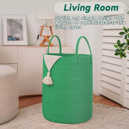 Large Woven Laundry Basket Hamper,80L Cotton Rope Storage Bin for Blankets,Toys and Clothes,Decorative Tall Nursery Hamper for Living Room,Baby Nursery,Bathroom and Bedroom,Dark Green