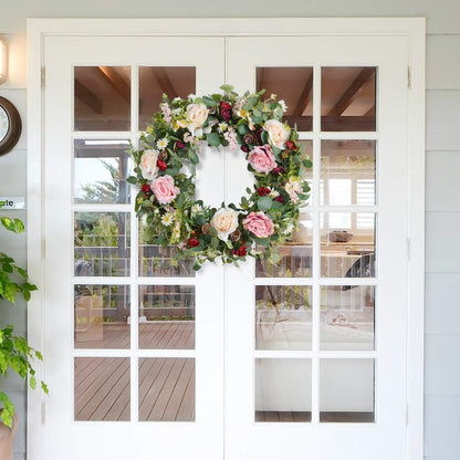 WANNA-CUL 24 Inch Large Spring Rose Wreaths for Front Door,Spring Front Door Wreath with Pink and Wine Red Floral Door Wreath with Eucalyptus Leaves for Wedding or Indoor&Outdoor Decorations