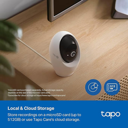 Tapo 4K Indoor Pan/Tilt Wired Security Camera - Works as a Baby Monitor, Person/Pet Detection, Facial Recognition, 360° AI Motion Tracking, Subscription-Free Local Storage or Optional Cloud, C260