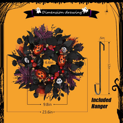 24" Glitter Halloween Wreath Outdoor - Sparkly Balls, Skulls, Bat, Skeleton, Pumpkin on Black Twig | Front Door Outside Goth Decor for Spooky Night
