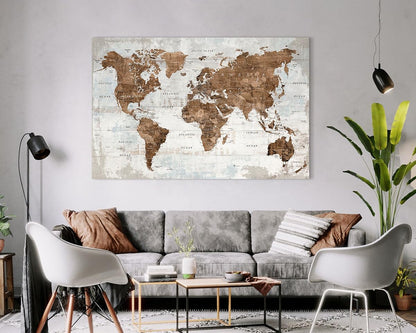 Large Wall Art Vintage Brown World Map Canvas Pictures for Men Home Office Bedroom Wall Decor for Living Room Oversize Artwork
