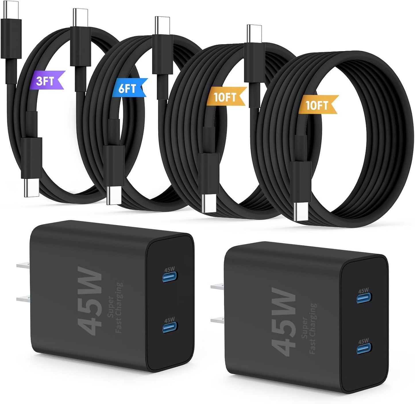 Super Fast Samsung Charger Type C,45W Dual Port USB C Fast Charger Block [2-Pack] & Extra Long 60W 3/6/10/10FT USB C Cable - PD Quick Charging 3.0 For Samsung Galaxy S25 Ultra/S24+/S23 iPhone 16