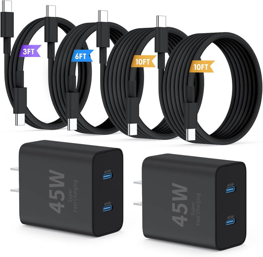Super Fast Samsung Charger Type C,45W Dual Port USB C Fast Charger Block [2-Pack] & Extra Long 60W 3/6/10/10FT USB C Cable - PD Quick Charging 3.0 For Samsung Galaxy S25 Ultra/S24+/S23 iPhone 16