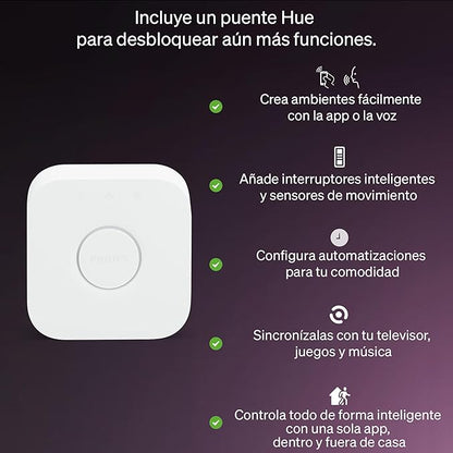 PHILIPS Hue Essential Starter Kit: Hue Bridge, 2 Essential E26 Smart Bulbs, White & Color Ambiance, 2200K-6500K, Dimmable LED Bulbs, Works with Alexa, Google Assistant, Samsung SmartThings, Apple Home