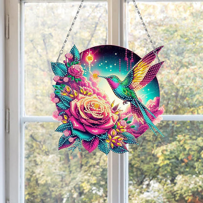 Flowers Hummingbird Diamond Art Kits,5D Diamond Hanging Ornament Kits,DIY Special Shaped Diamond Dot Kits,Home Porch Crystal Hanging Pendant Ornament (Colorful1)