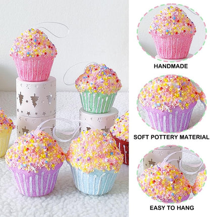 Cupcake Party Decorations Ornaments,6pcs Hanging Christmas Tree Candy Ornaments, Macaron Color Mini Dessert Cupcake Pendant Set for Xmas New Year Birthday Home Party Supplies (Cake)