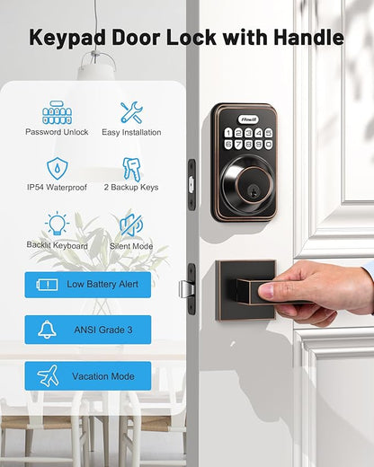 Zowill Keyless Entry Door Lock with 2 Lever Handles, Electronic Keypad Deadbolt, Auto-Locking, Anti-Peeping Password, Digital Code Door Lock, Front Door Handle Sets, OilRubbed Bronze