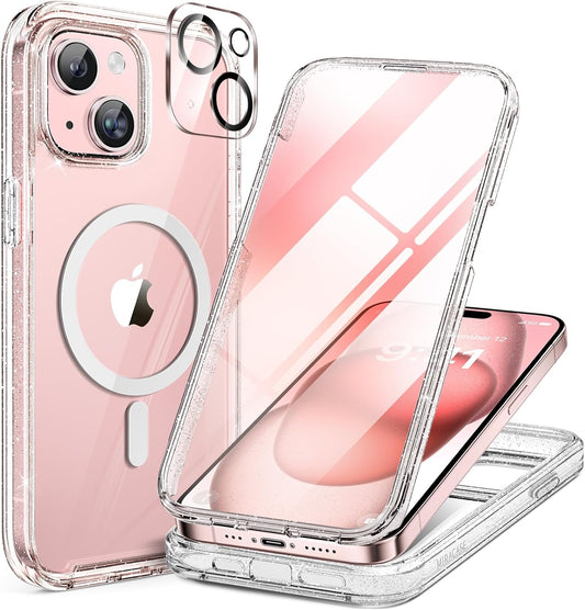 Miracase Glass Series for iPhone 15 Case [Compatible with MagSafe] Full-Body Magnetic Case with Built-in 9H Tempered Glass Anti-Fingerprint Screen Protector + Camera Lens Protector, Clear Glitter