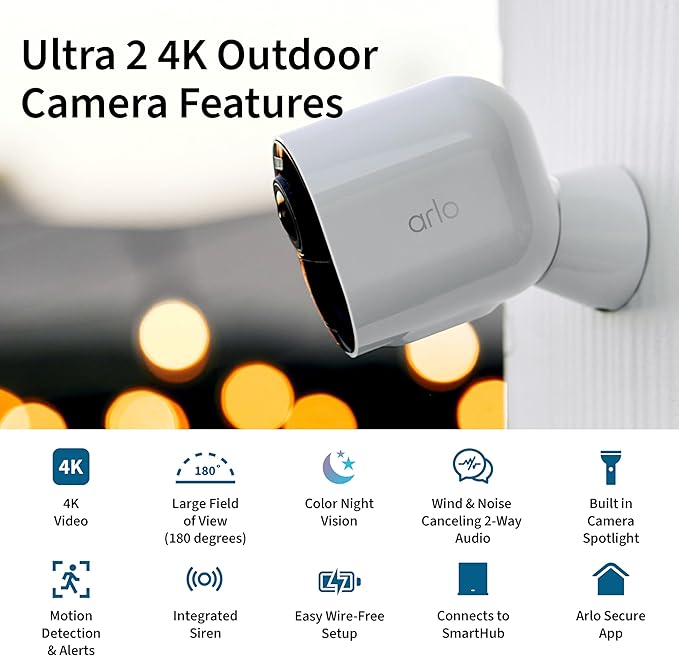 Arlo Ultra 2 Spotlight Camera 4K HDR (3 Cameras, SmartHub) | Wireless Home Security Camera | Color Night Vision, Motion Sensor, 180º View, 2-Way Audio, White