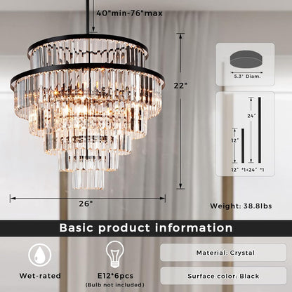 Luxury 6-Tier Round K9 Crystal Chandelier, Black Finish 26 Inch Diam Ceiling Light, Classic Elegant Chandelier with Crystal Piece, Lighting Fixture for Hallway, Bedroom, Living Room