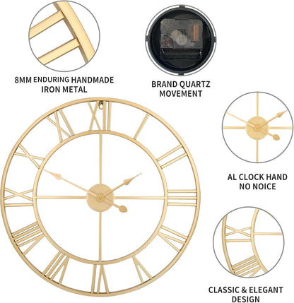1st owned Large Wall Clock for Living Room Decor Silent Non-Ticking Decorative Wall Clock Roman Numerals Vintage Battery Operated for Kitchen Farmhouse Cafe Office Decor (Gold, 32 Inches)