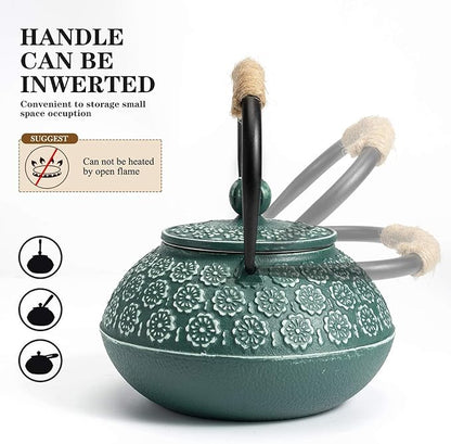 Sotya Cast Iron Teapot, 30oz/900ml Japanese Tetsubin Tea Pot with Infuser for Loose Leaf and Tea Bags, Tea Kettle Coated with Enameled Interior for Stove Top, Dark Green