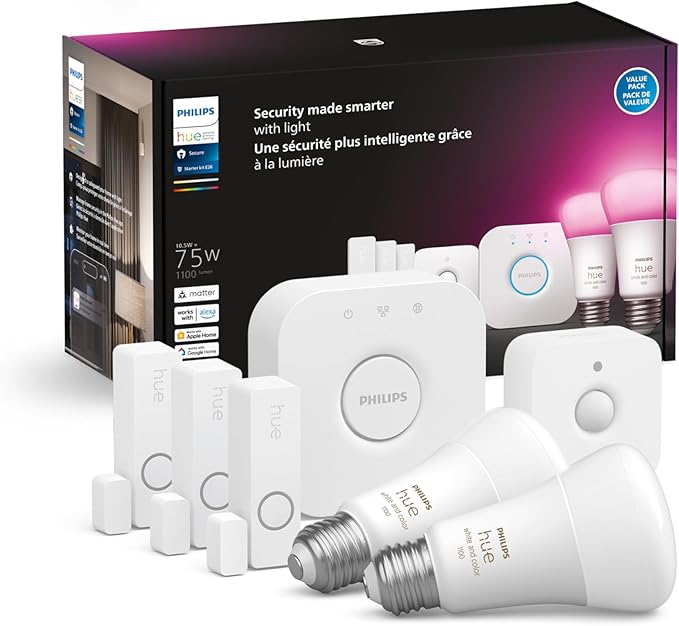 Philips Hue Secure Starter Kit - 3 Secure Contact Sensors (White), Indoor Motion Sensor, Bridge, 2 White & Color Ambiance Smart Bulbs, Easy to Install, Works with Hue App