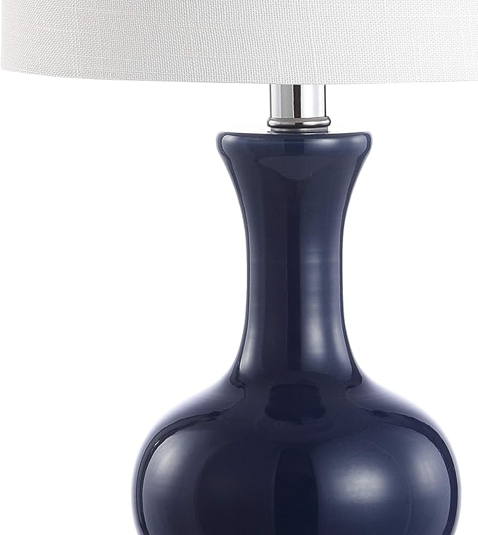 JONATHAN Y 22" Navy/Chrome Modern Glass Table Lamp Set of 2, Brass Gold Bedside Lamp with White Linen Shade for Bedroom Living Room, LED Bulbs Included (JYL4033C-SET2)