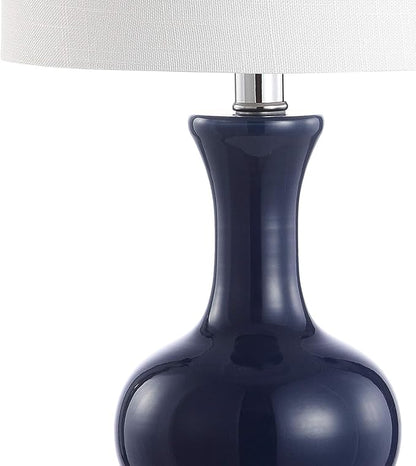 JONATHAN Y 22" Navy/Chrome Modern Glass Table Lamp Set of 2, Brass Gold Bedside Lamp with White Linen Shade for Bedroom Living Room, LED Bulbs Included (JYL4033C-SET2)