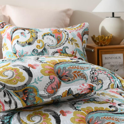 Autumn Dream Cotton Bedspread Quilt Sets, 3 Pieces Reversible Comforter Coverlet Sets,White Floral Paisley,Queen Size