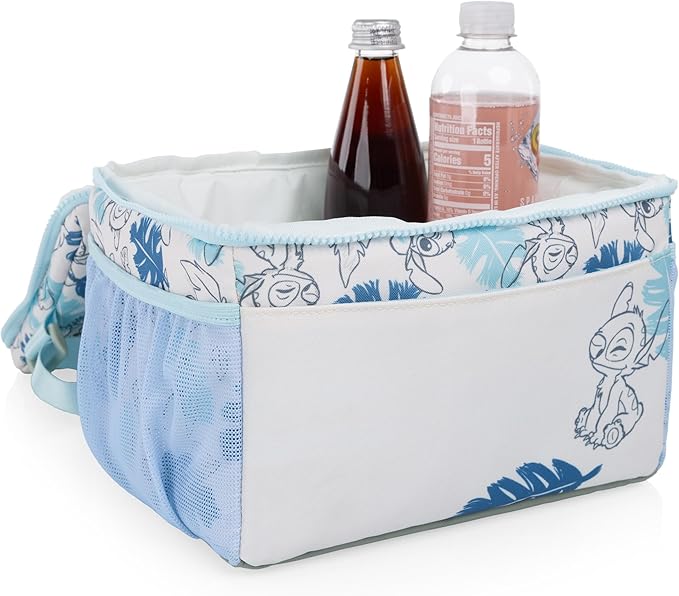 PICNIC TIME Disney Lilo & Stitch Modern Lunch Cooler, Insulated Lunch Box for Work, Travel, and Outdoor Use, Waterproof Cooler Bag with Adjustable Strap and Mesh Pockets, (White with Blue Leaf Design)