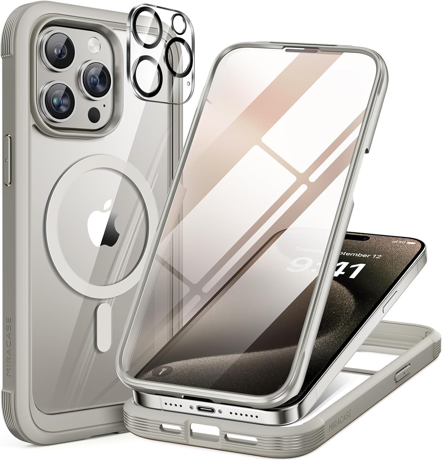 Miracase Magnetic for iPhone 15 Pro Case [Compatible with MagSafe] Full-Body Phone case with Built-in Glass Screen Protector& Camera Protector, Military Drop Proof 15 Pro Cover,Titan