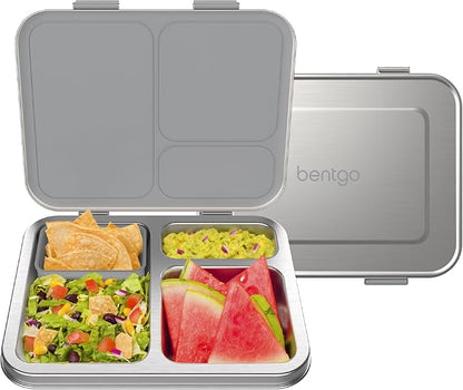 Bentgo Kids Stainless Steel Leak-Resistant Lunch Box - 3-Compartments with Bonus Silicone Container, Durable, Eco-Friendly, Dishwasher Safe, BPA-Free, Ideal for School, Ages 3+ (Silver)