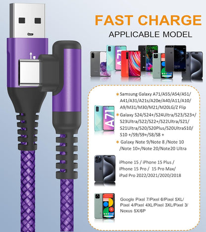 sweguard USB Type C Charger Cable Right Angle [2-Pack,6.6FT] iPhone 16 Charger Nylon Braided Cord for iPhone 15 16 Pro Max Samsung Galaxy S25 S24 S23 S22 S21 S20 S10 S9 Note A15 A55 Flip Pixel LG Moto