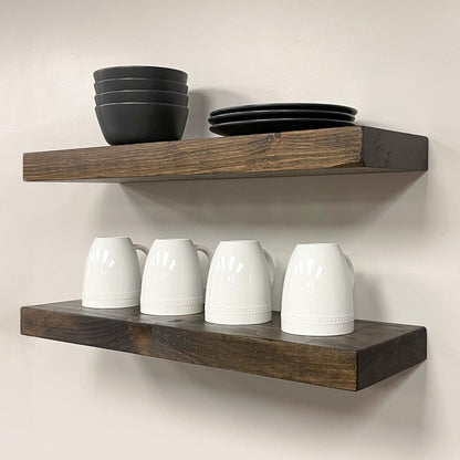 URBANDI, Rustic Floating Shelves, Set of 2, Hidden Bracket, Solid Wood, Heavy Duty, Wall Mounted Shelves, (Dark Brown, 48Wx6D)