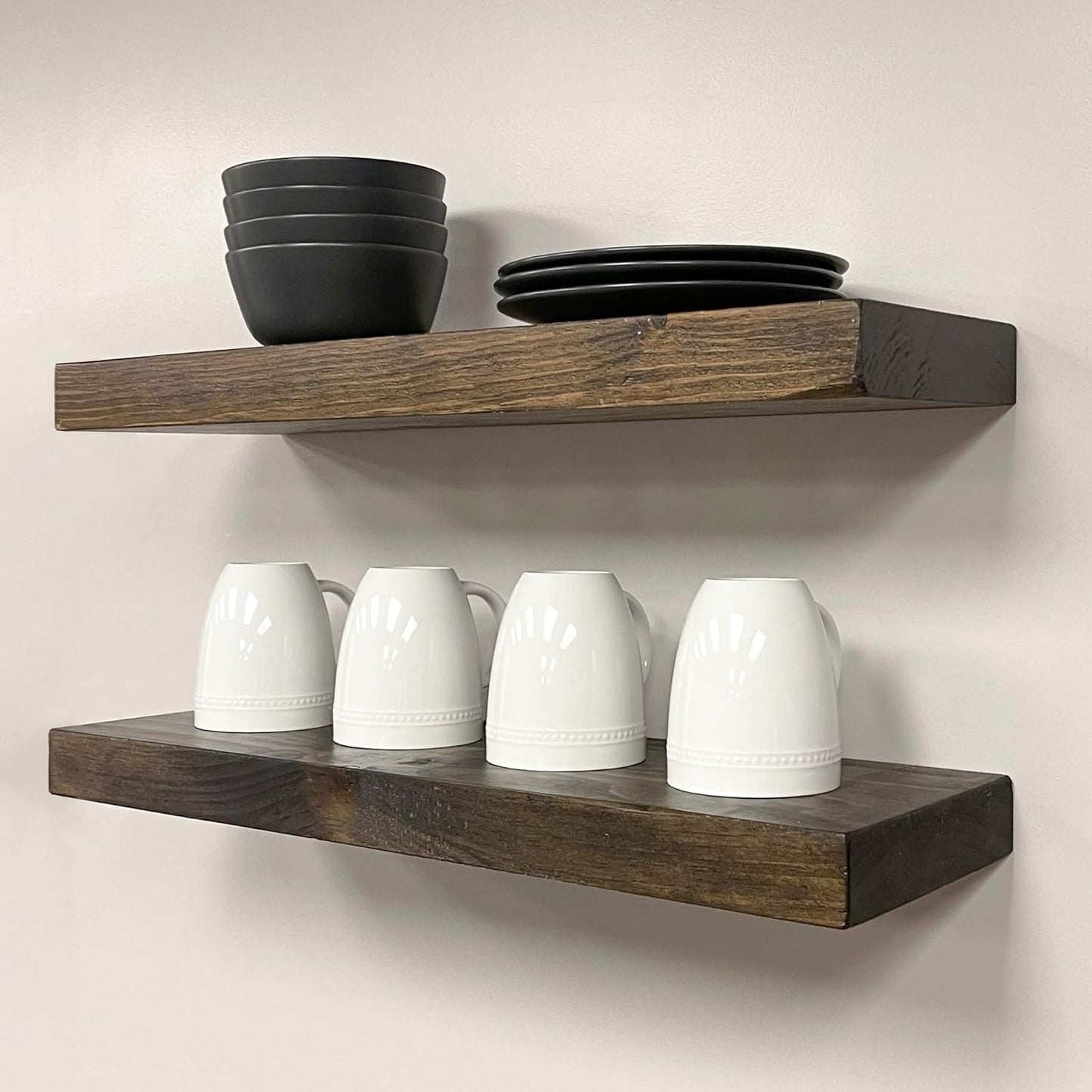 URBANDI, Rustic Floating Shelves, Set of 2, Hidden Bracket, Solid Wood, Heavy Duty, Wall Mounted Shelves, (Dark Brown, 36Wx12D)