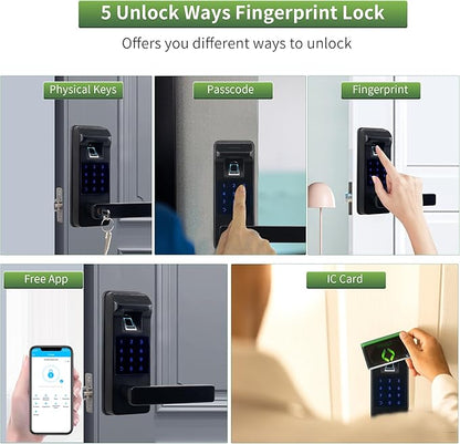 Harfo Smart Door Lock, Heavy Duty 5 in 1 Keyless Entry Door Lock, Full App Control Digital Keypad Lock, Reversible Handle with Fingerprints and Passcodes for Family/Office/Apartment (Black)