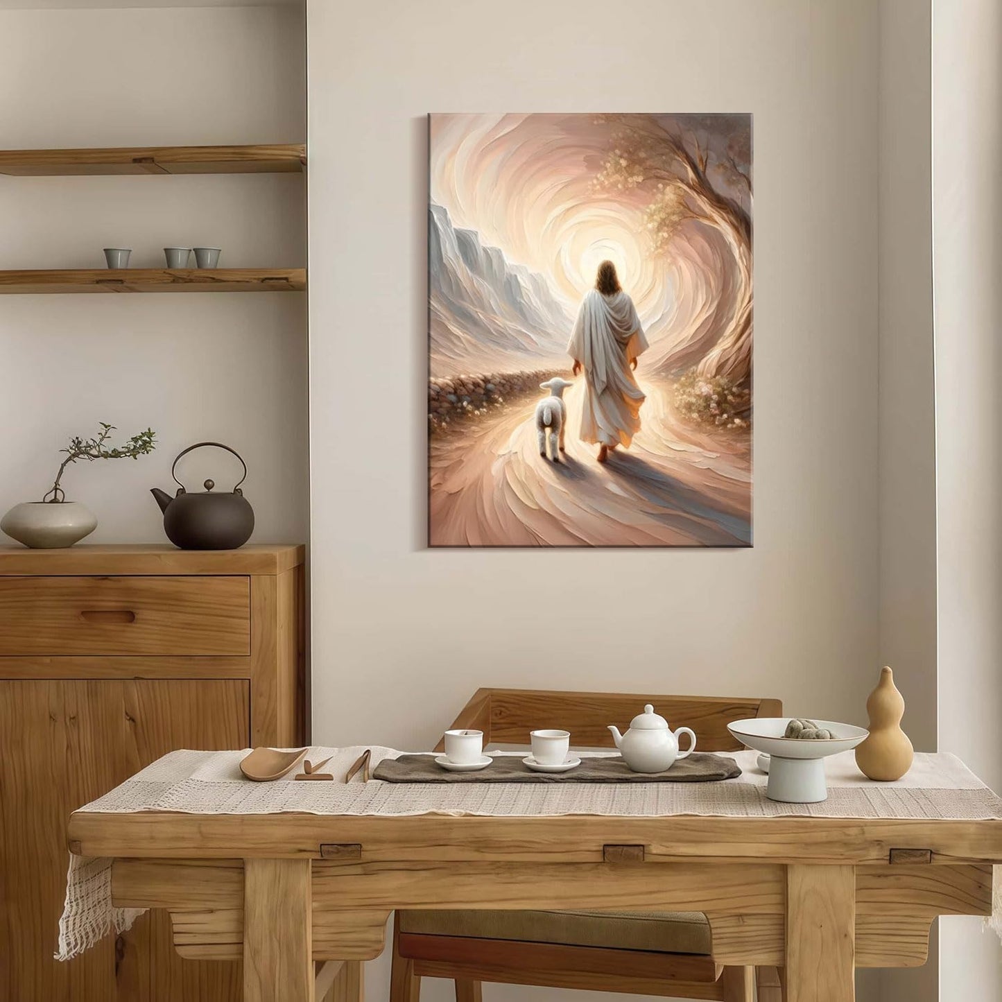 Framed Canvas Jesus and Lamb Wall Decor Wall Art Gallery Decoration Unique Print Wall Decor for Living Room Bedroom Church Home Decor 16x24 Inch Ready to Hang