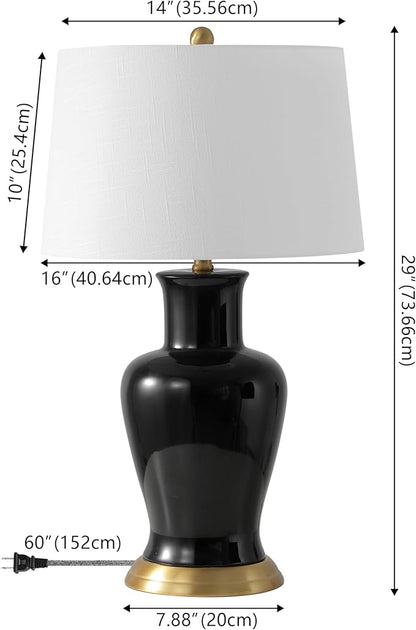 JONATHAN Y 29" Black Traditional Ceramic Urn LED Table Lamp for Bedroom Decor, White Linen Drum Shade, Classic Nightstand Lamp for Living Room, LED Bulb Included (JYL4026F)