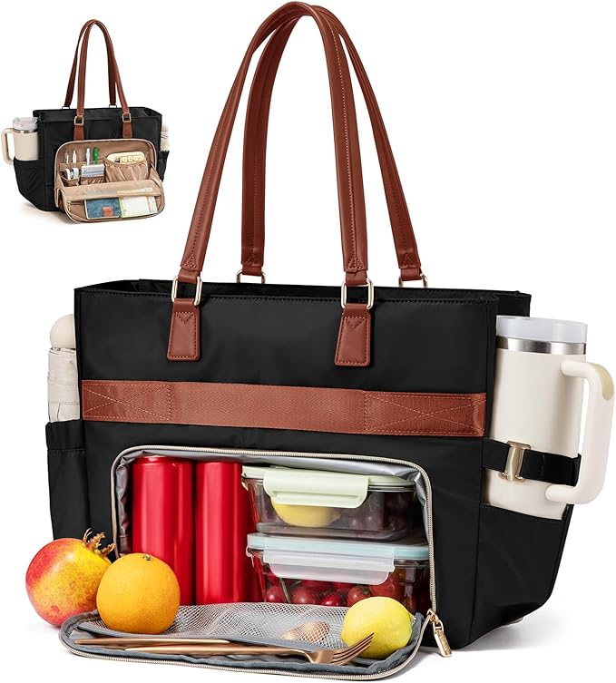 LOVEVOOK Lunch Tote Bag for Women, Work Bag with Insulated Lunch Compartment 15.6 Inch Laptop Bag with Cup Holder Large Lunch Bag for Teacher, Nurse, Office, Travel, College, Daily