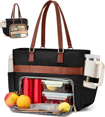 LOVEVOOK Lunch Tote Bag for Women, Work Bag with Insulated Lunch Compartment 15.6 Inch Laptop Bag with Cup Holder Large Lunch Bag for Teacher, Nurse, Office, Travel, College, Daily