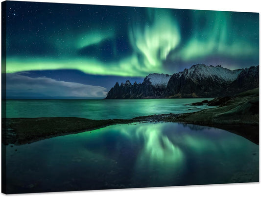 Aurora Borealis Wall Art Painting for Office Bedroom Scenery Landscape Canvas Print Framed Picture Northern Lights Poster Artwork Ready to Hang(16.00"x24.00")