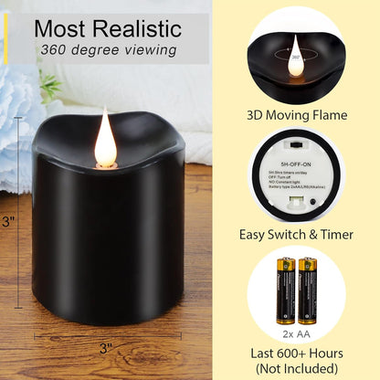 Black Flameless LED Candles, Halloween Candles Battery Operated with Remote Timer, 3D Moving Flame Flickering Last 600+ Hours, 3" x 3" Real Wax Electric Candle for Gothic Home Decor