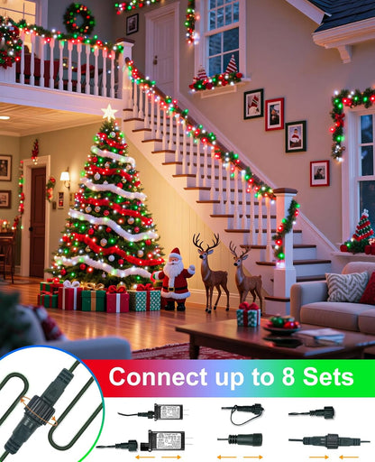 Christmas Lights Outdoor 40FT 120 LED, Green Wire Christmas Tree Lights with Waterproof, 8 Modes & Timer, Connectable String Twinkle Light for Indoor Yard Party Holiday Decorations, Red White Green